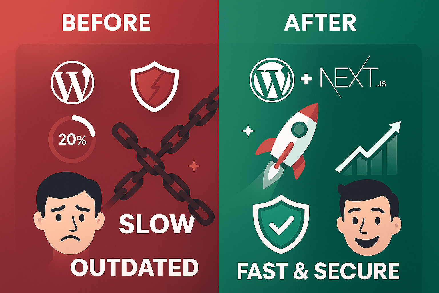 Infografika porównująca tradycyjny WordPress (wolny, narażony na ataki) z architekturą headless (szybki, bezpieczny)